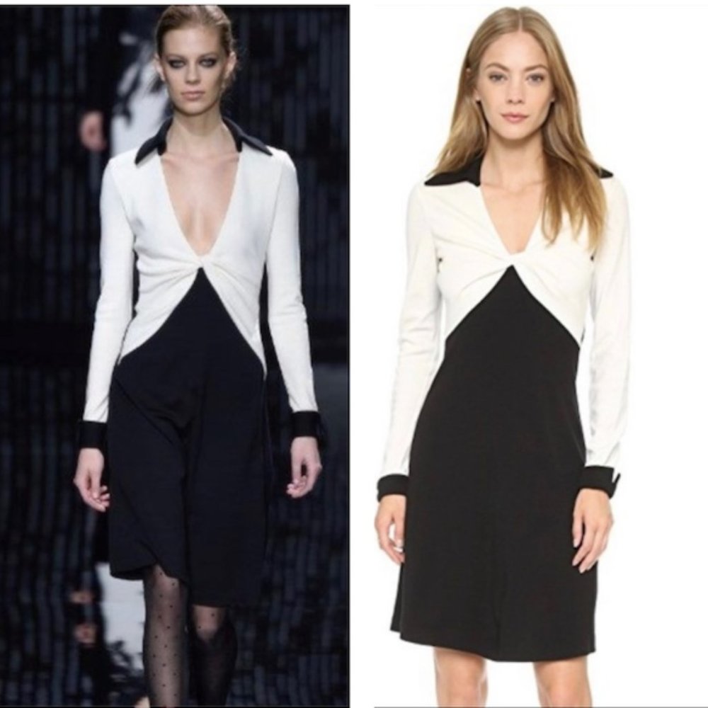 DVF Black White Long Sleeve Collared Twist Dress Size 4